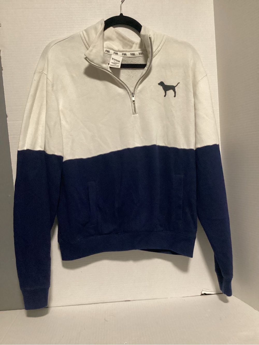 PINK Victoria's Secret White and Navy Quarter Zip Pullover Size S